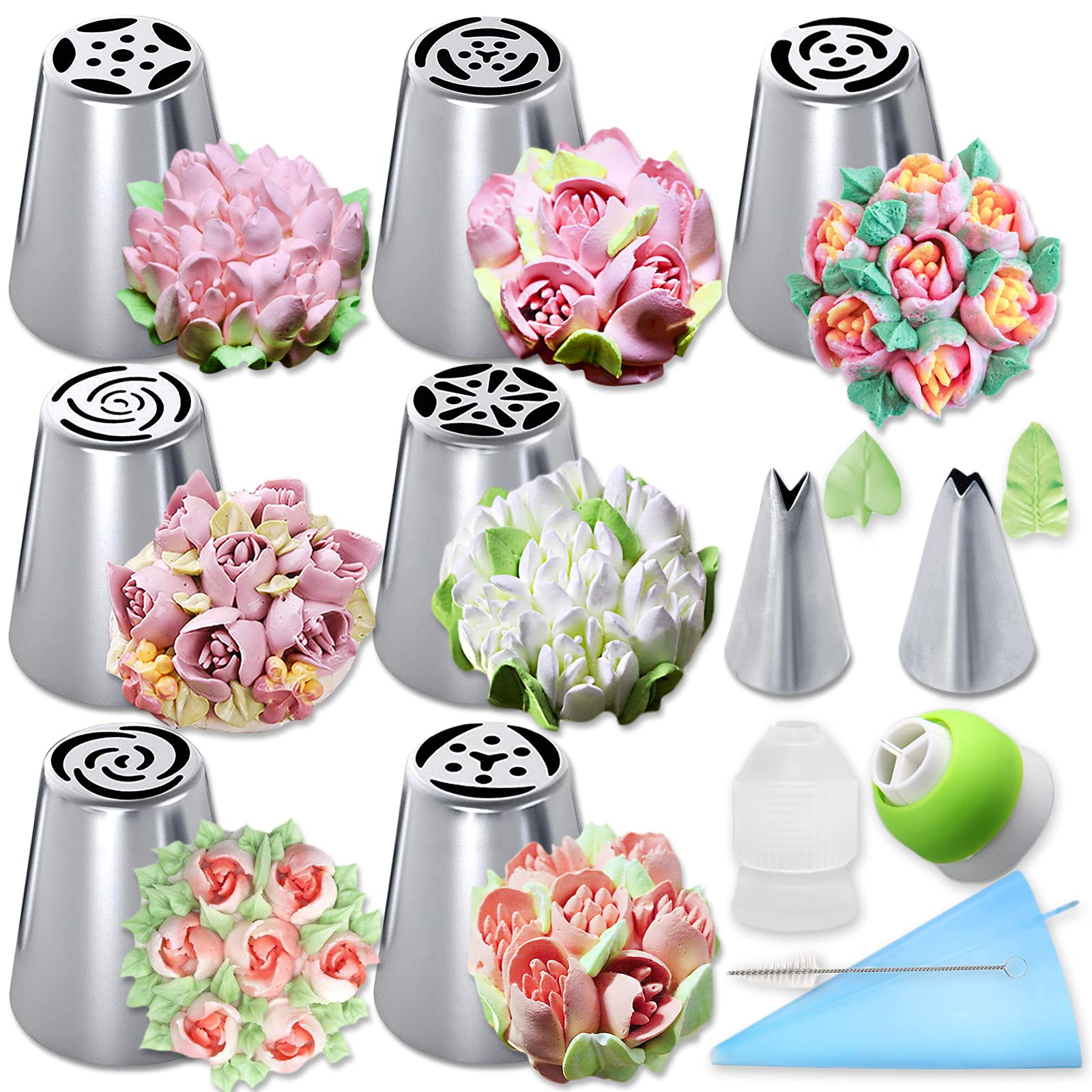 Acehome Russian Piping Tips Set, Flower Frosting Stainless Steel Icing Piping Nozzles Cake Decorating Baking Supplies with Silicone Pastry Bags for Cupcakes Dessert