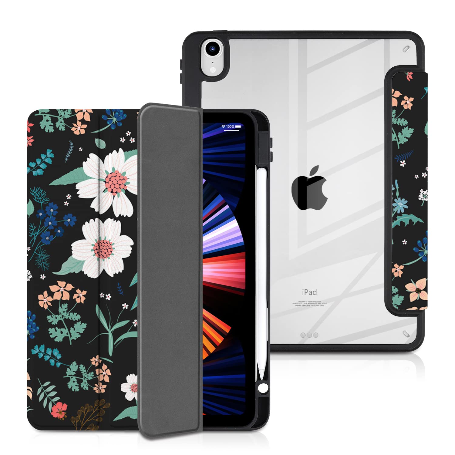 Batianda Case for 11-inch iPad Air 2024 M2 Chip/iPad Air 5th/4th 10.9 inch [Built-in Pencil Holder] Shockproof Cover with Clear Transparent Back Shell TPU Bumper,Auto Sleep/Wake,Flowers