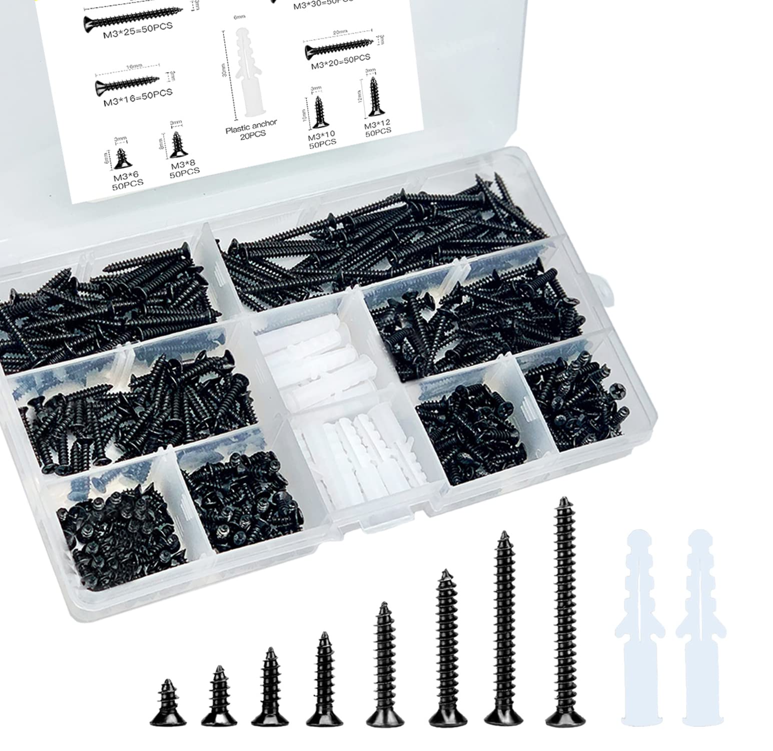 420 Pcs Wood Screws Assortment,Self Tapping Screws,Carbon Steel Flat Head Screws for Wood,Contains 20 Pcs M6 Screw Anchors for Diy, Furniture & Repairs