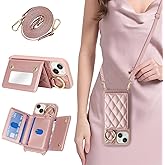 DEYHU for iPhone 14 Case with Card Holder and Strap for Women,Crossbody Lanyard, Make Up Mirror,Ring Stand,Snap Clasp,Cute Phone Wallet Cases 6.1 inch - Dark Rose Gold