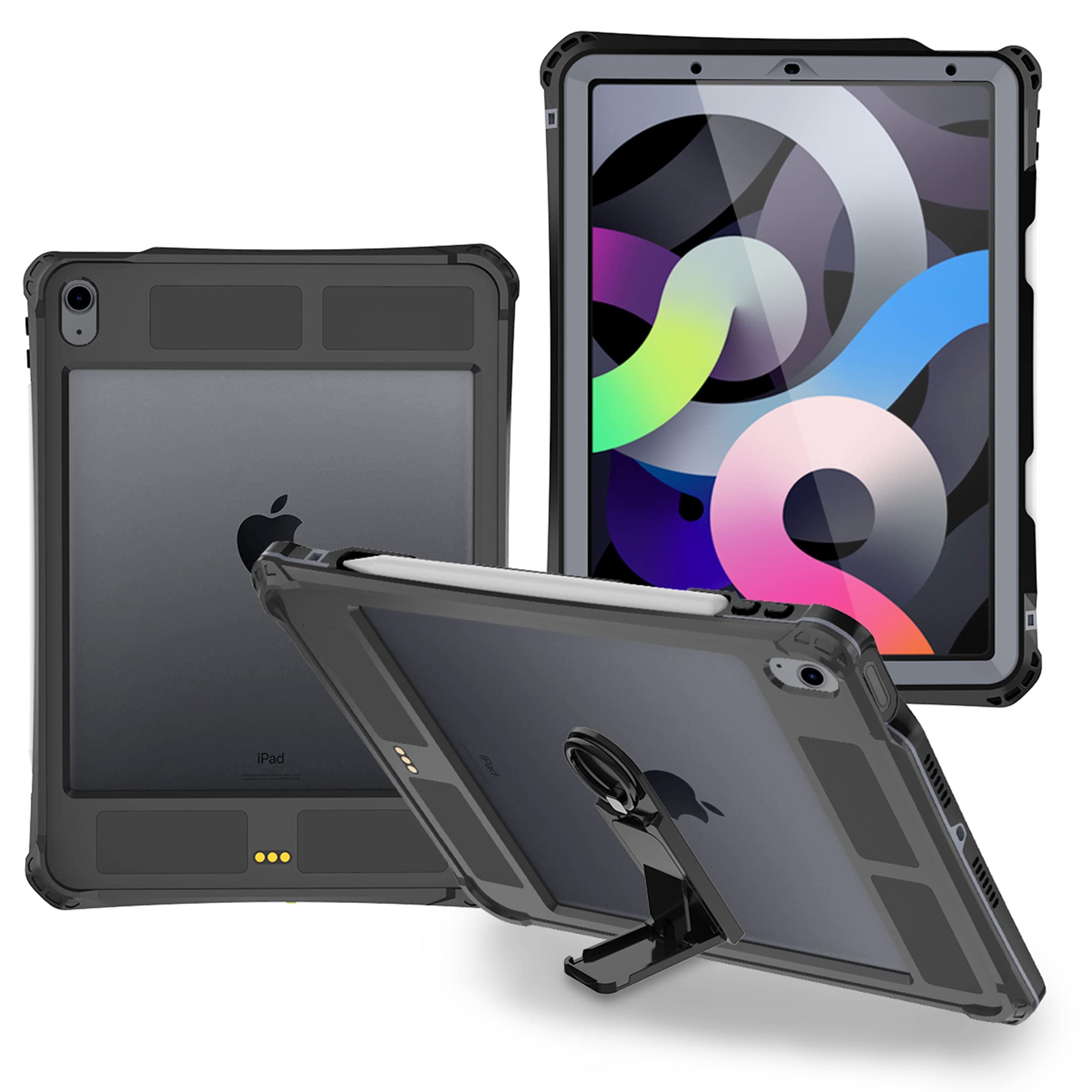 Shellbox Case for iPad Air 5&4 2020-2022, Waterproof Case Protective Dustproof Shockproof Case Cover with 360° Full-Body Protection, with Lanyard and Kickstand (Black)