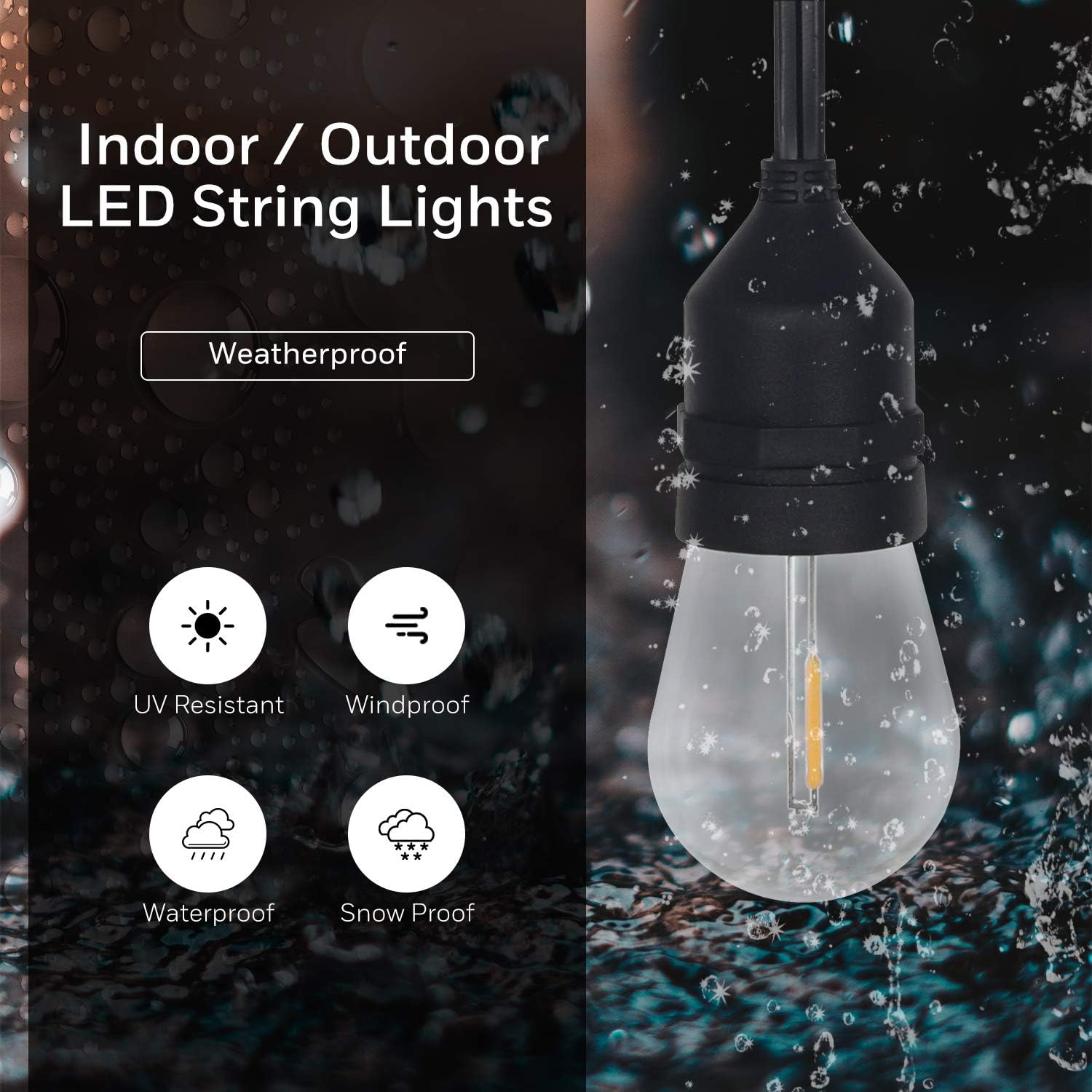 Honeywell 48 FT Outdoor String Lights, Commercial Grade Waterproof LED Patio Lights, 15 Plastic E26 Bulbs, Create Cafe Lighting Ambience in Your Backyard - - 