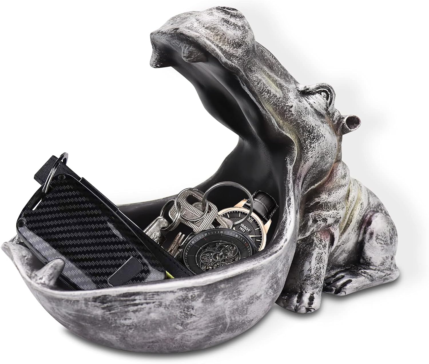 Hippo Statue Home Resin Hippopotamus Figurine Sculpture Table Art Decoration Sundries Key Container Storage Box (Grey)