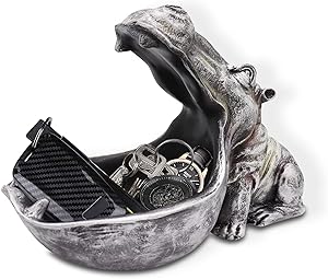 Hippo Statue Home Resin Hippopotamus Figurine Sculpture Table Art Decoration Sundries Key Container Storage Box (Grey)