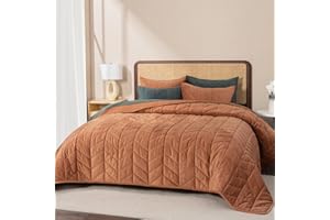 EverGrace 3 Pieces Luxurious Queen Velvet Quilts, Ultra Soft Lightweight Velvet Comforter Set, Matelasse Oversized Bedspread Coverlet for All Season with 2 Shams, Burnt Orange, 92"x96"