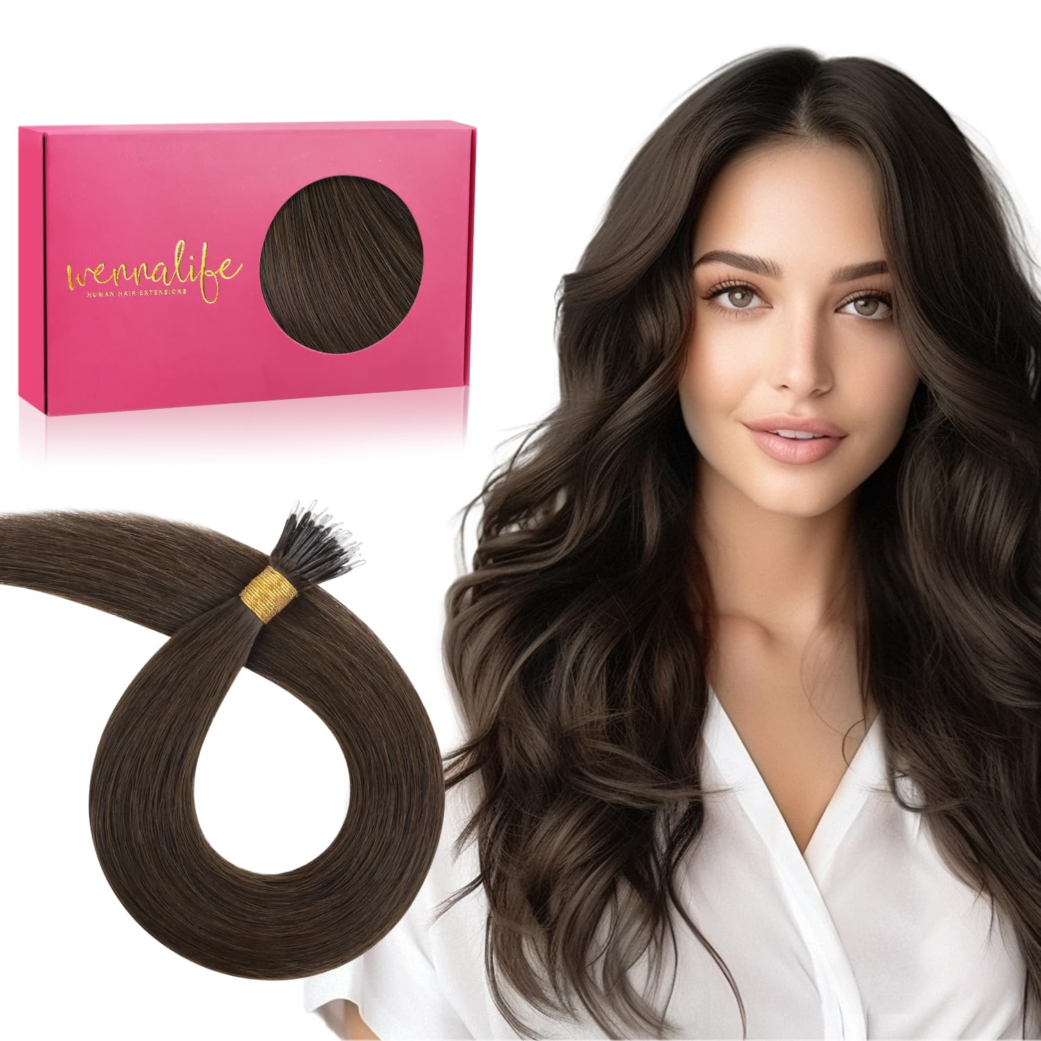 WENNALIFE Nano Hair Extensions Real Human Hair, 14 Inch 50g 100s Chocolate Brown Nano Beads Hair Extensions Invisible Nano Ring Real Hair Extensions for Women — image 1