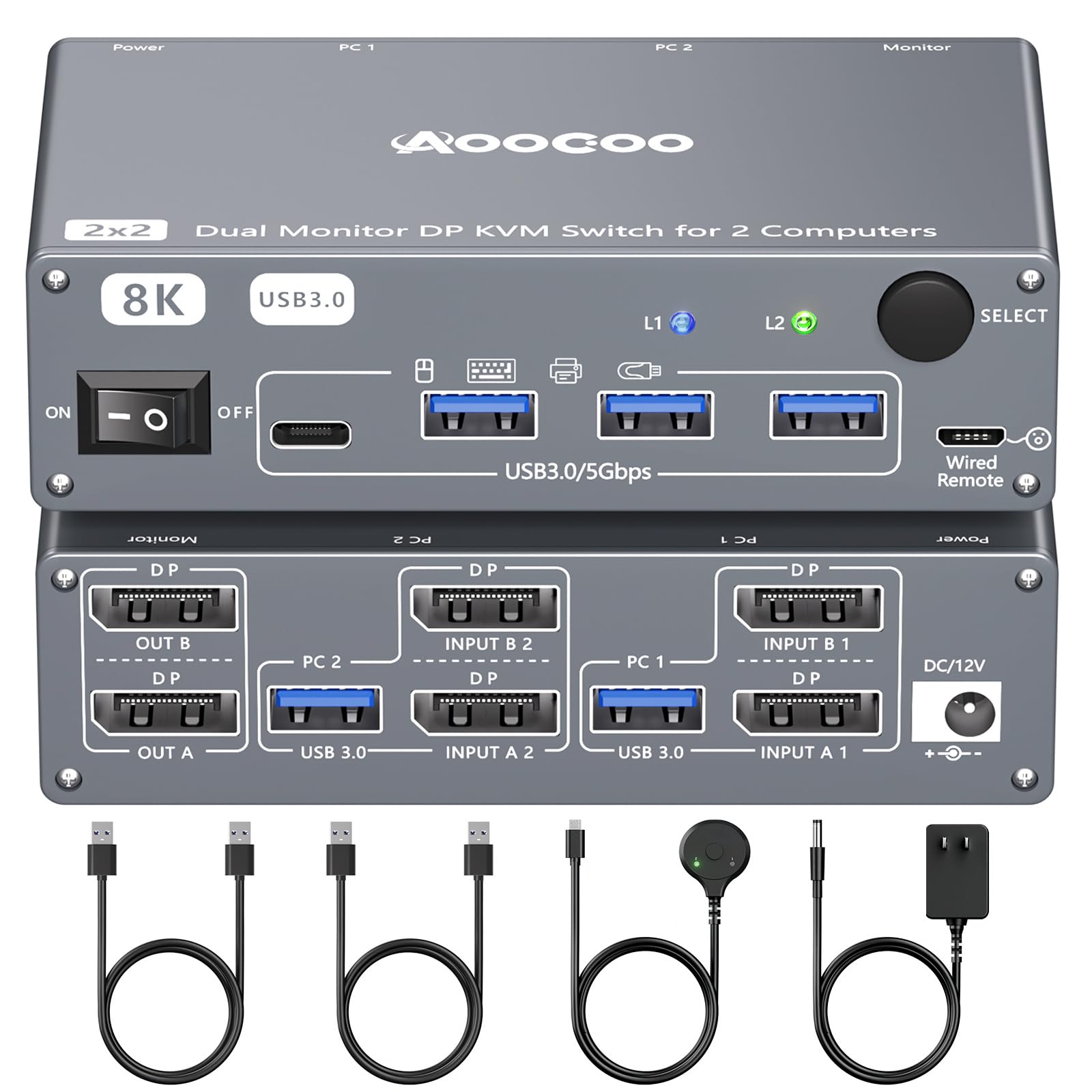 Displayport KVM Switch 2 Computers 2 Monitore, 8K@60Hz/4K@240Hz Dual Monitore KVM Switch with 4 USB3.0 Ports, USB Kabeln und Netzteil, ideal für Homeoffice und Gaming