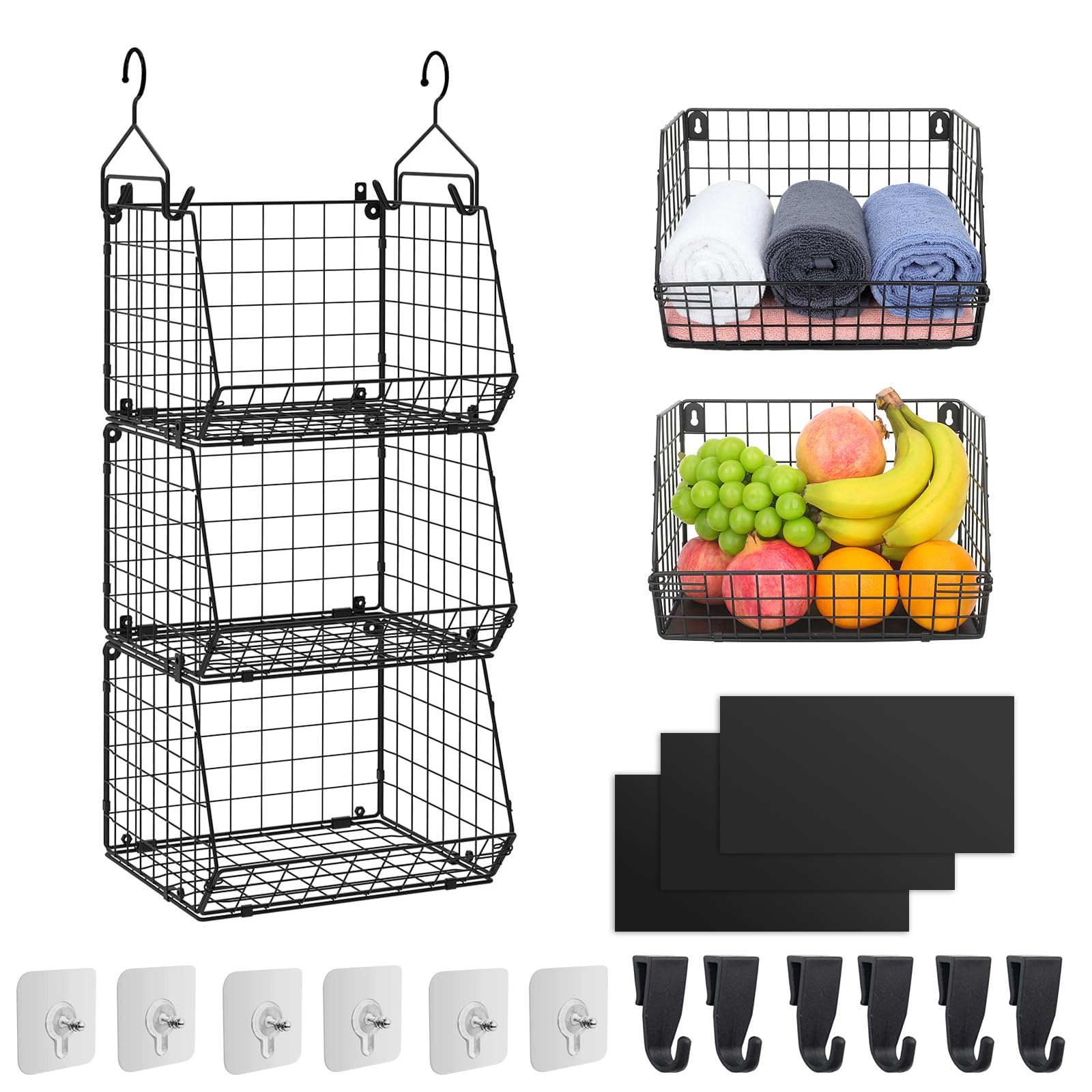 Wuciray 3 Tier Fruit Baskets for Kitchens Metal Hanging Storage Organiser for Wardrobe Clothes Shelves Fruit Shelf Vegetable Rack Basket Wall Mounted Wire Fruit and Vegetable Storage Veg Rack