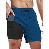 Buauty Mens Swim Trunks with Compression Liner 5 Inch Inseam Quick Dry Swim Shorts Mens Swimsuit Board Shorts with Pockets
