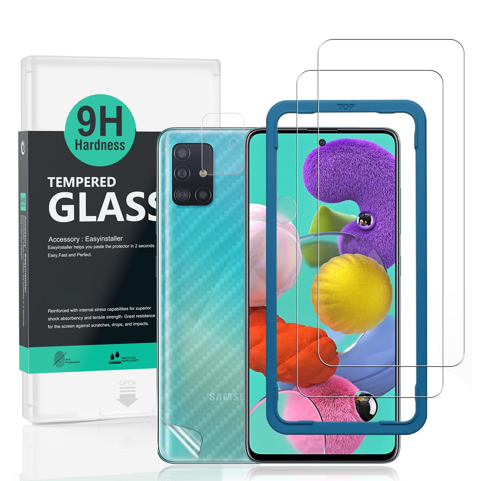 Ibywind Tempered Glass Protection for Samsung Galaxy A51, with Tempered Glass Protector for Rear Camera, Carbon Fibre Effect Rear Protection, with Easy Installation Kit