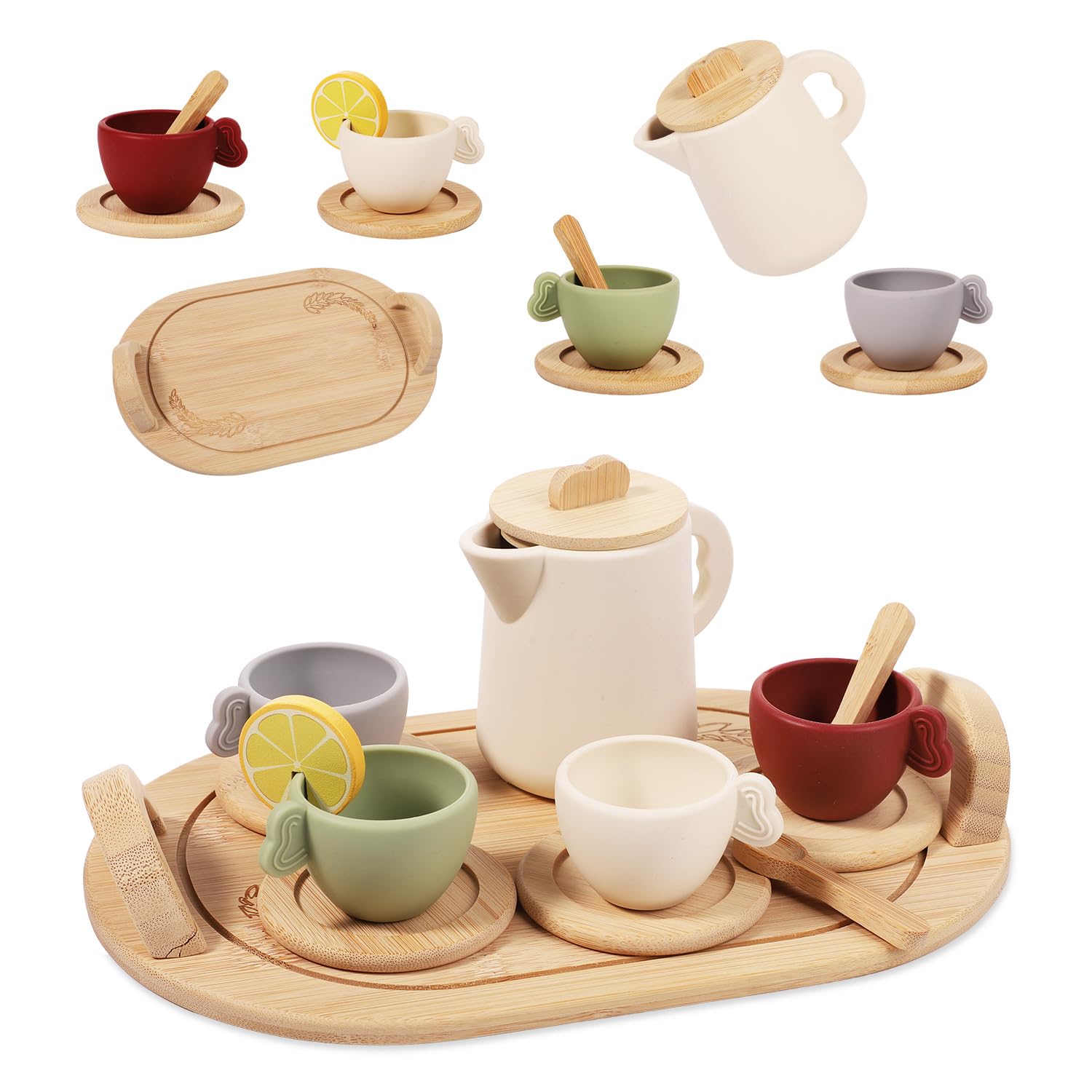 13pcs Wooden Afternoon Tea Set for Kids, Play Kitchen Accessories Pretend Playset Tea Party Set Wooden Toys for Kids Boys Girls Gift