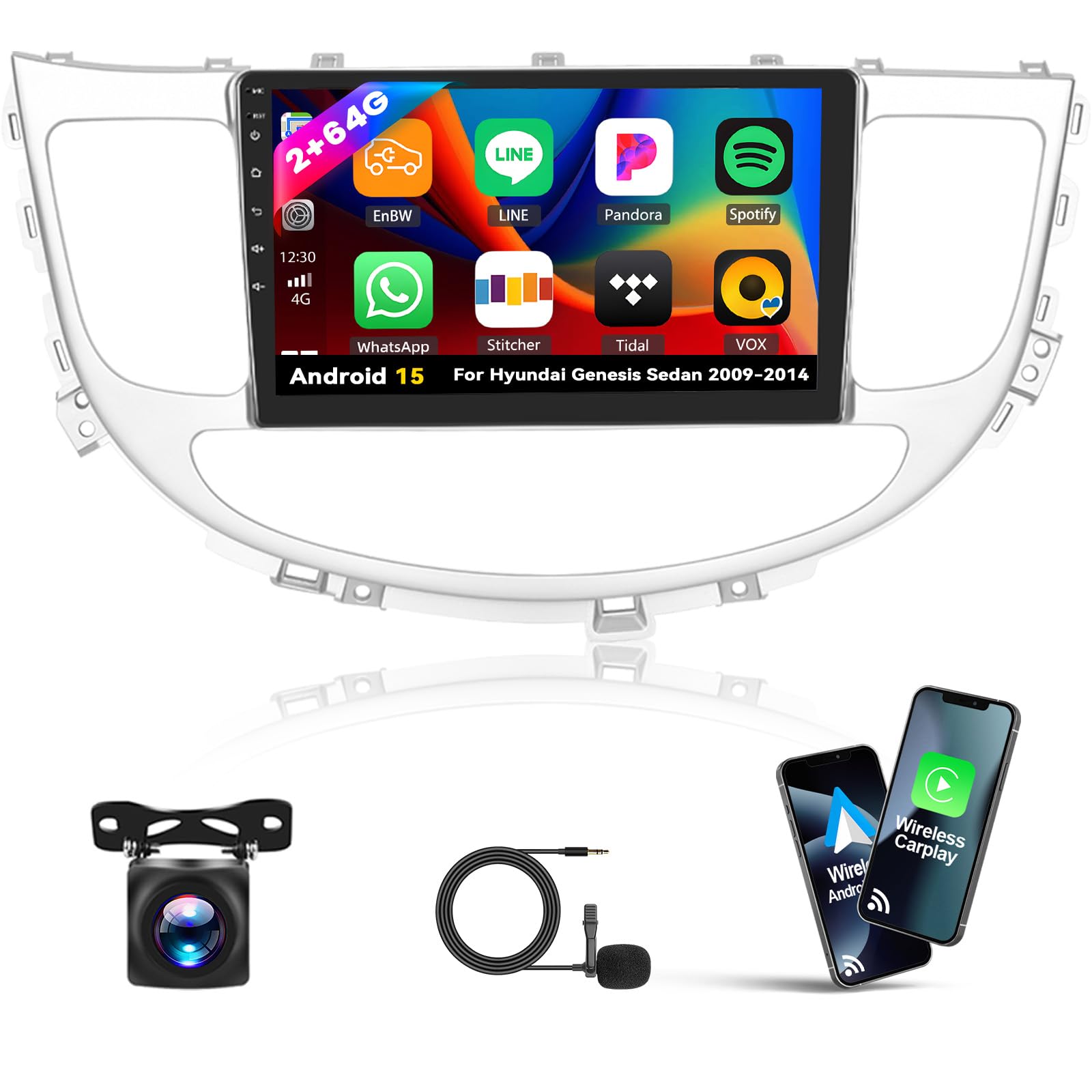 Photo 1 of [2G+64G]Android 15 Car Stereo for Hyundai Genesis Sedan 2009 2010 2011 2012 2013 2014 with Carplay/Android Auto, 9 Inch Touch Screen Head Unit Radio with Bluetooth WiFi GPS FM RDS EQ SWC+Backup Camera