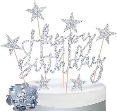 iZoeL 2 Sets Silver Cake Decoration Happy Birthday Toppers Stars Hearts