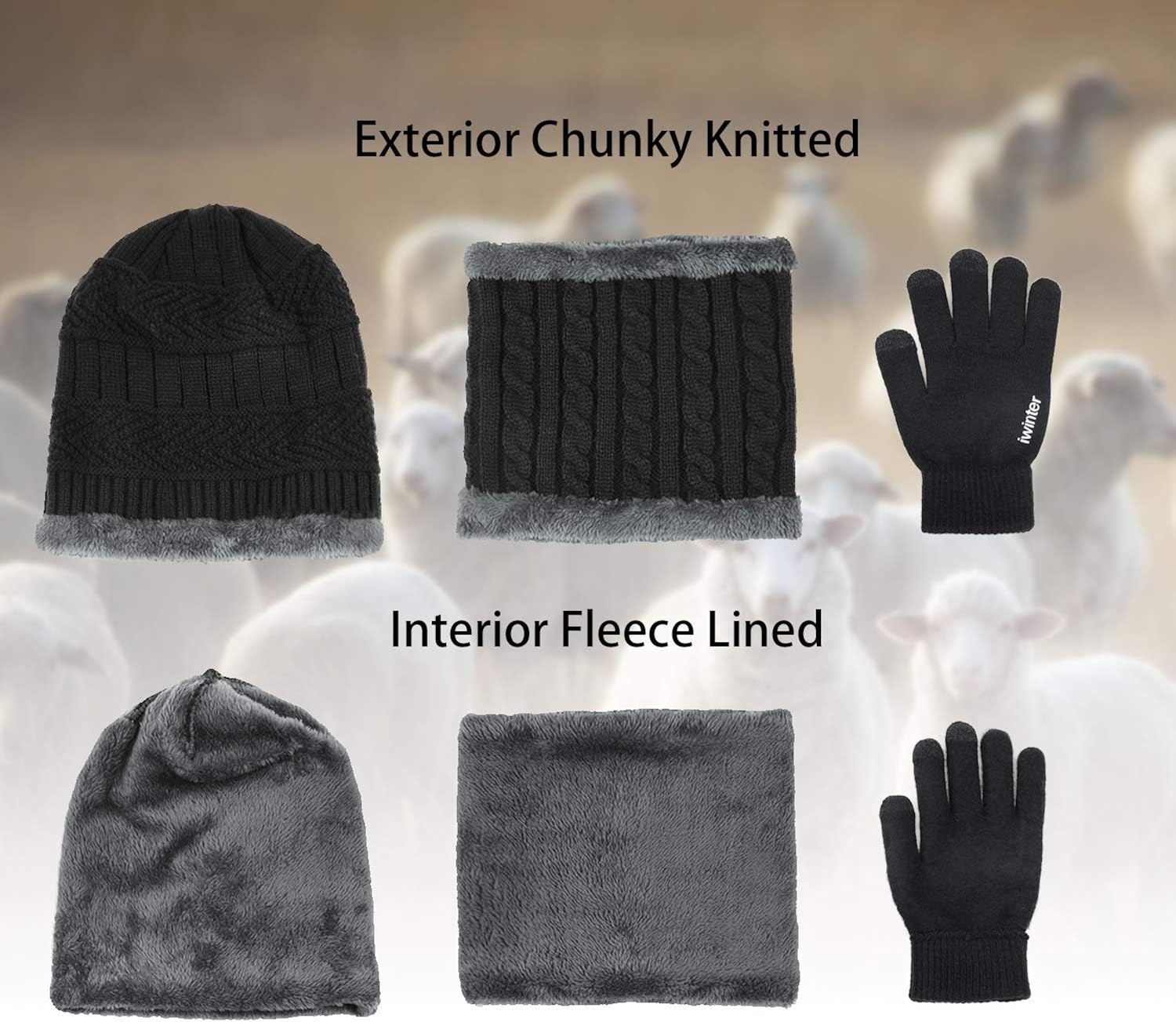 3 Pcs Warm Winter Knit Hat Scarf and Glove Set for Men Women Tech Touchscreen Gloves Black at  Men’s Clothing store