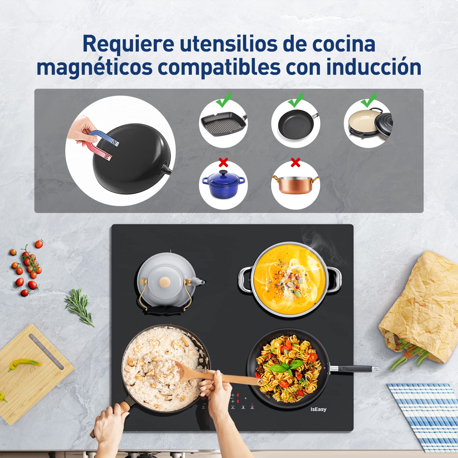 Diagram showing compatible and incompatible cookware for induction hobs