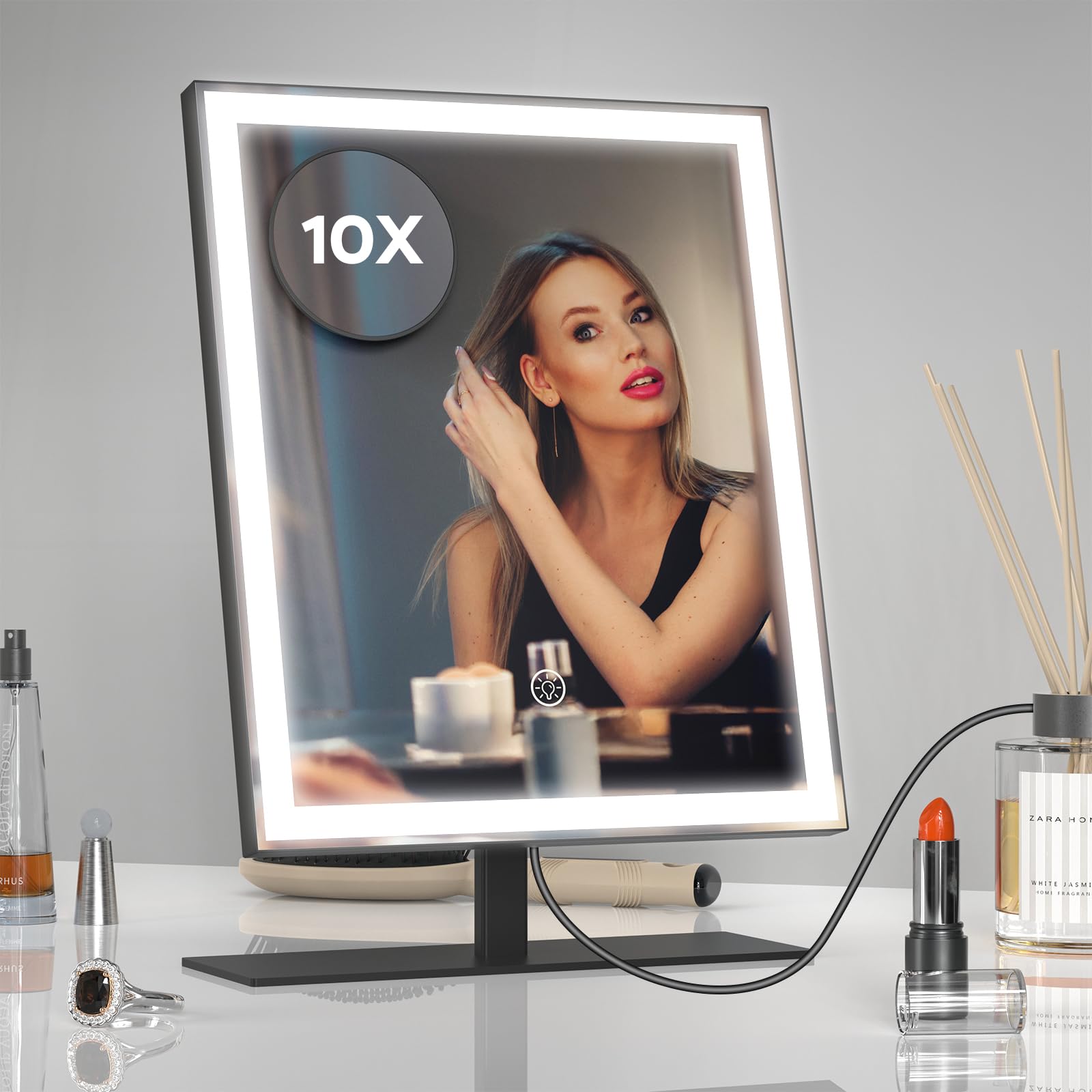 Amdelne Vanity Mirror, LED Makeup Mirror with Lights, Dimmable Light up Mirrors for Dressing Table, 3 Lighting Modes, 120° Rotatable, Touch Control, Easy to Clean, 25 x 34cm, Black, Powered by USB-C
