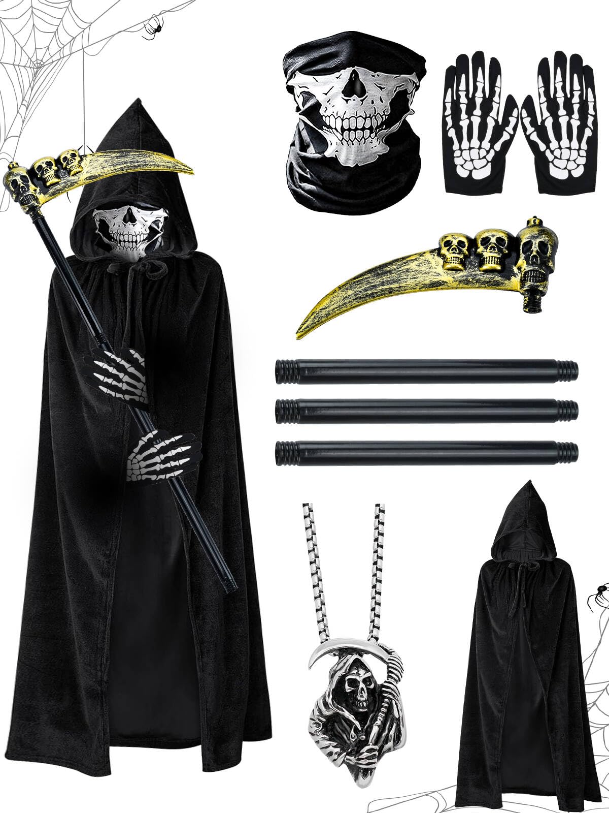 Photo 1 of ***MISSING SCYTHE **** ABONDEVER Halloween Grim Reaper Costumes for Boys Adults, Unisex Black Hooded Cloak Grim Reaper Cape Scythe Skull Mask Skeleton Gloves Halloween Grim Reaper Costume Outfit(Kids-M: 3'93"-4'91")