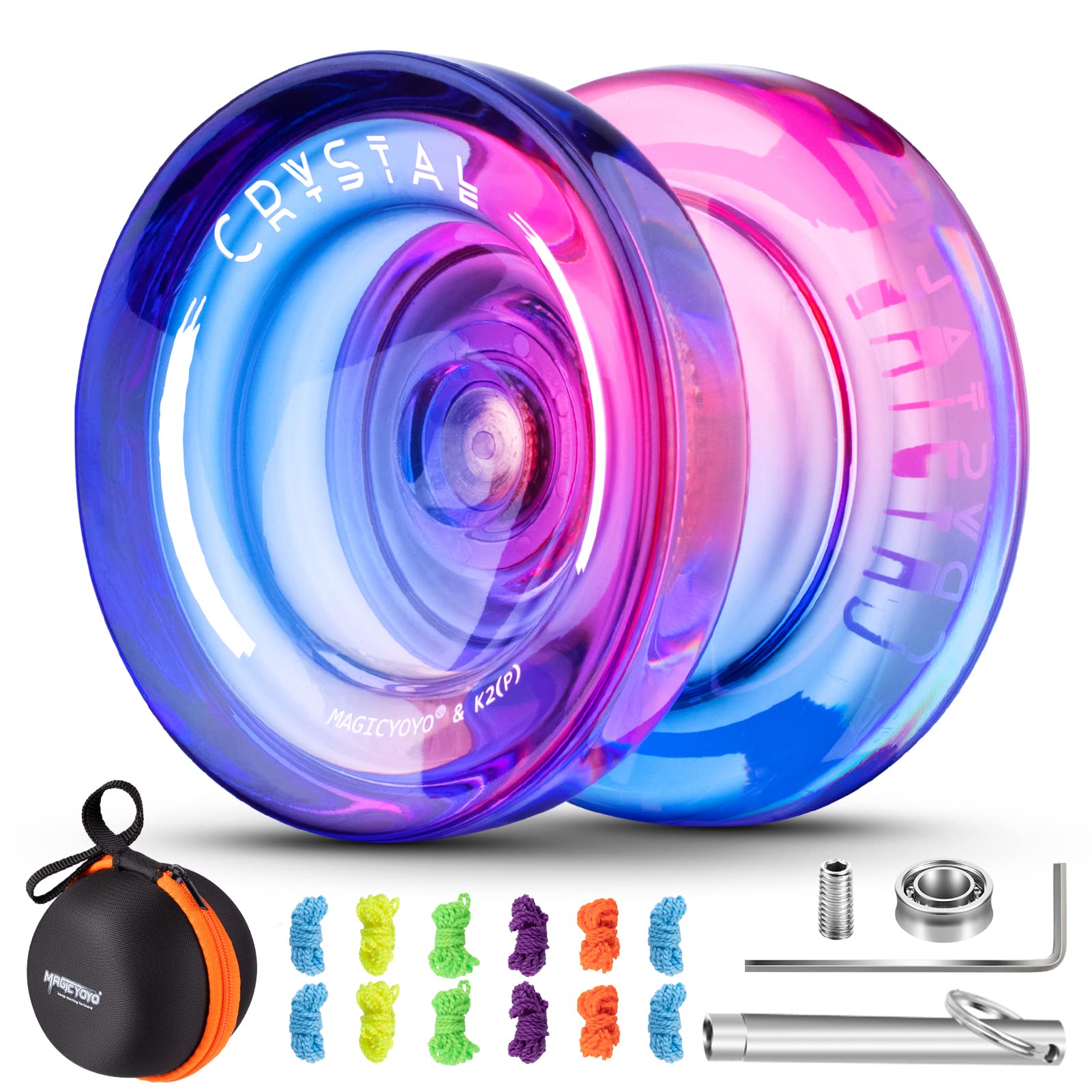 MAGICYOYO Responsive Yoyo for Kids K2 Crystal Pink Purple, Dual Purpose Beginner, Trick Professional Ball with Unresponsive Bearing Kit + 12 Strings Case (MGYOYOK2CPP)