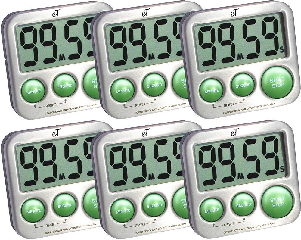 Kitchen Timer Digital, Stainless Steel, Strong Magnetic Back, Kickstand, Loud Alarm, Large Display, Auto Memory, Auto Shut-Off (Lime 6-Pack)