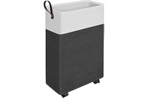 EpicTotes 24.4-Inches Rolling Slim Laundry Basket on Wheels, Collapsible & Waterproof Laundry Hamper, Freestanding Narrow Corner Clothes Bins with Easy Carry Handles for Clothes at Home, Grey
