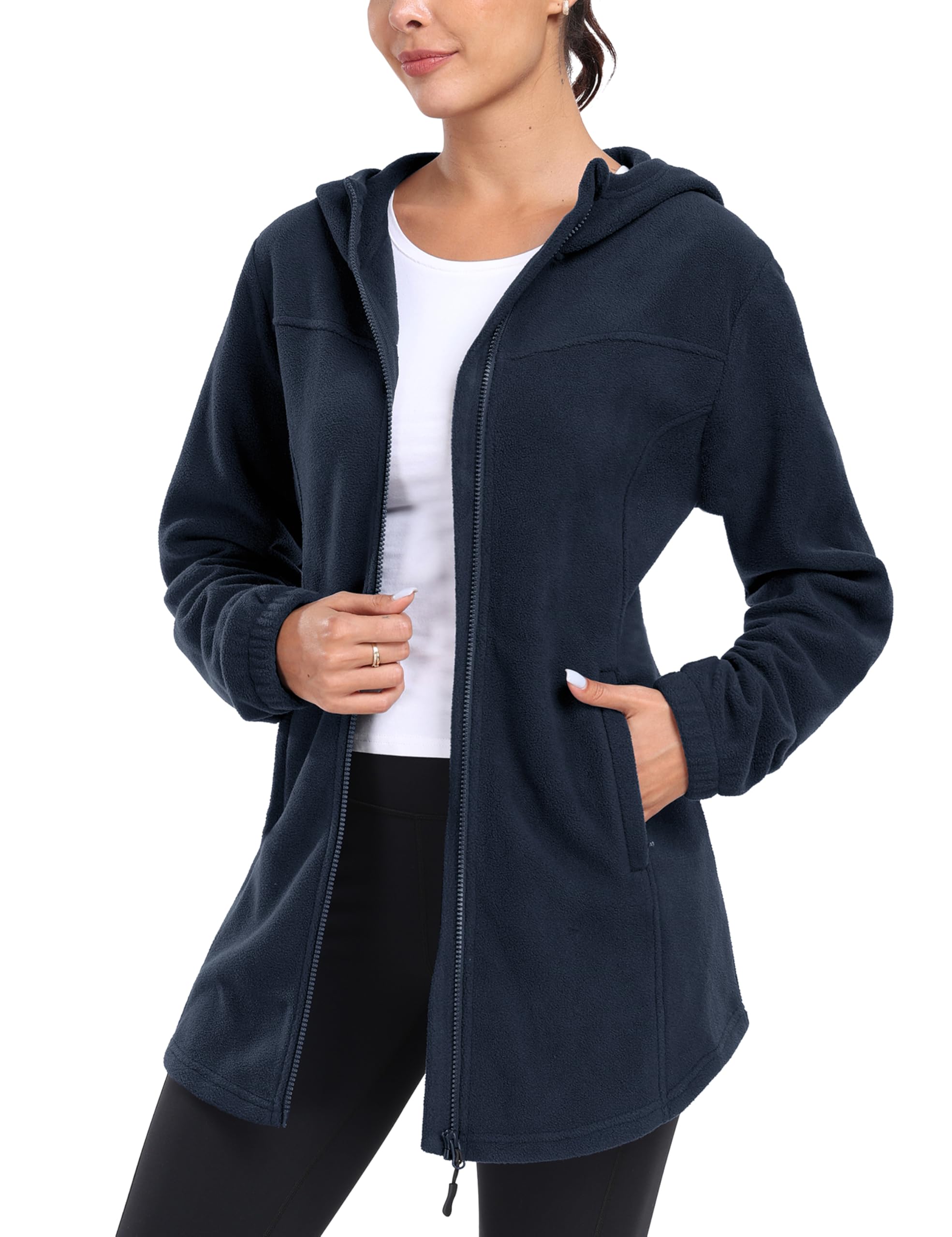 Photo 1 of MoFiz Women's Lightweight Polar Fleece Jacket with Hood, Full Zip Mid-Length Winter Coat for Outdoor Hiking Travel with Zipper Pocket Navy Blue XL