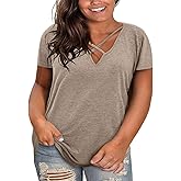 Haloumoning Plus Size Tops for Women Summer Short Sleeve Oversized T-Shirt Casual Sexy V Neck Loose Cotton Tee Shirts