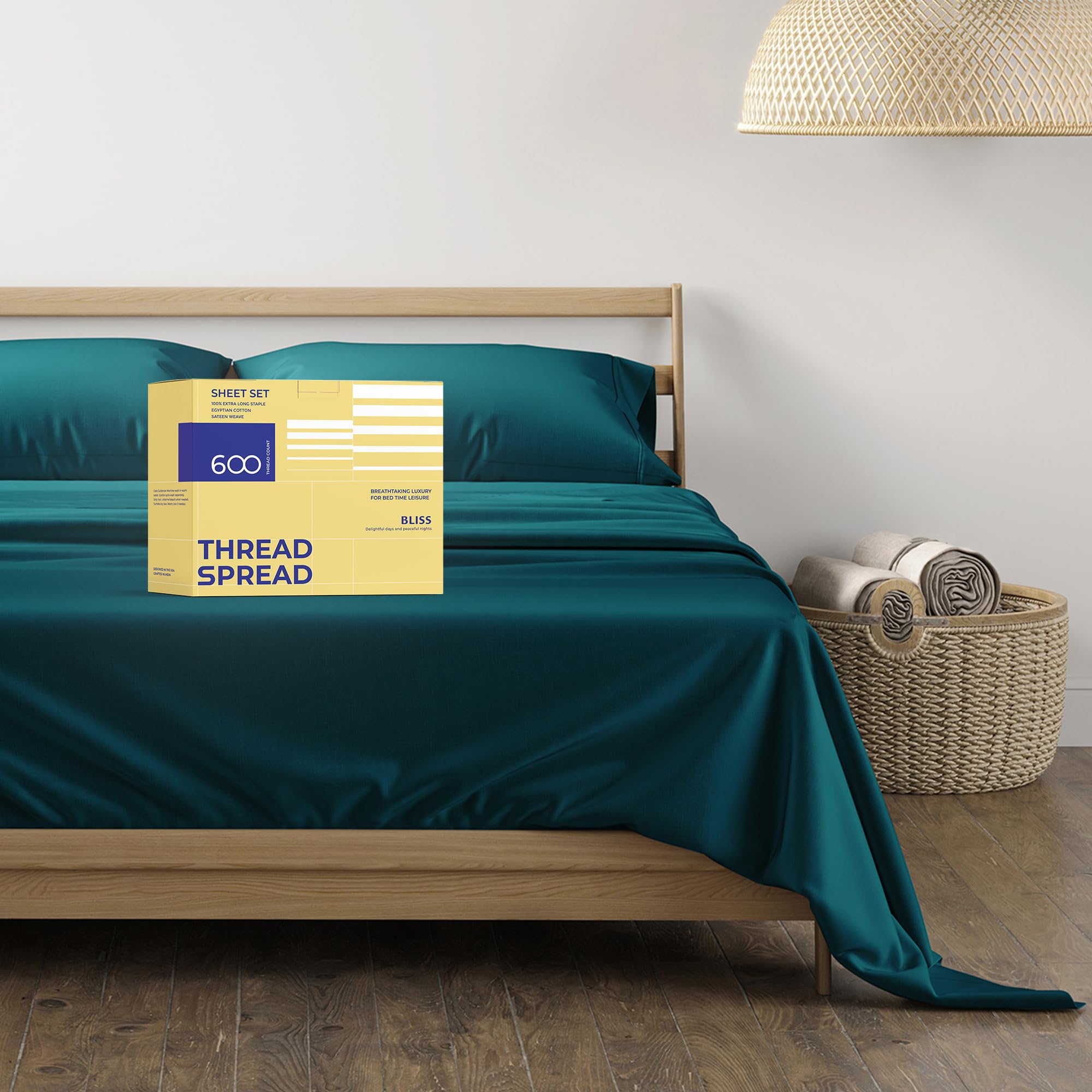 Photo 1 of THREAD SPREAD 100% Egyptian Cotton Queen Size Sheet Set - 4 PC 600 Thread Count Egyptian Cotton Sheets Set for Queen Size Bed (Teal), Soft, Cooling, Luxury Hotel 16" Deep Pocket Sateen Bedsheet