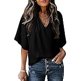 Dokotoo Womens Dressy Chiffon Blouses Summer Bell Short Sleeve Shirts V Neck Business Casual Work Tops