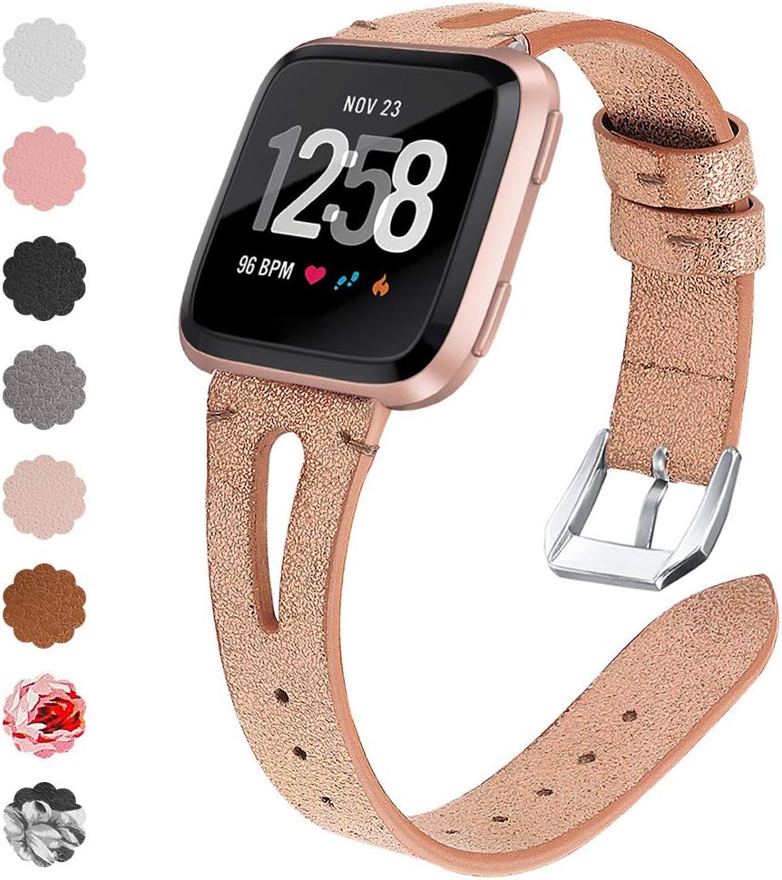 QIBOX Leather Bands Compatible with Fitbit Versa/Versa 2, Slim Vintage Leather Band Replacement Strap Women Man Wristband Accessories Compatible with Fitbit Versa 2 Smartwatch