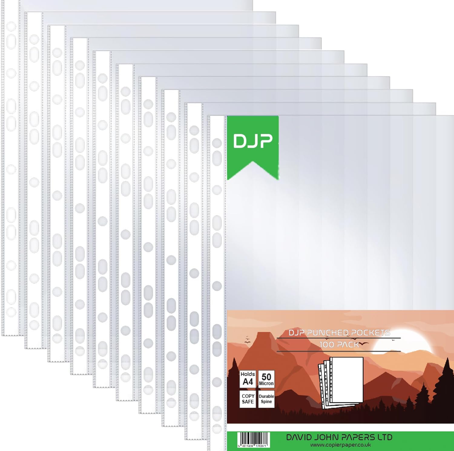 DJP A4 Clear Punched Poly Pockets 50 Micron, for Filing Folders, Wallets, Sleeves & Documents - 100 Pack