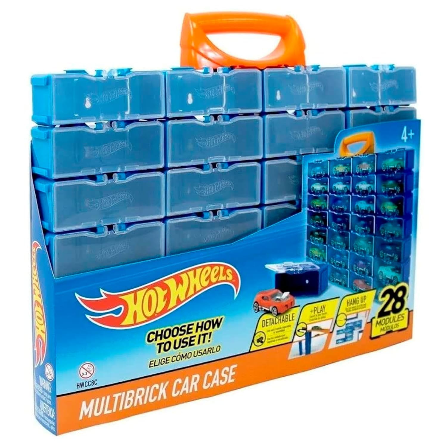 Hot Wheels Multibrick car case I Stores up to 28 cars I Connects with tracks I Play and Build, Multi-Coloured (HWCC8C) - Includes a carry handle
