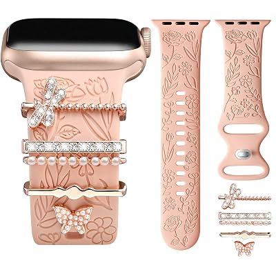 DaQin Flower Engraved Band Compatible with Apple Watch Bands 44mm 42mm 45mm 46mm for Women, Soft Silicone Strap With Decorative for Apple Watch Charms for iWatch Series 11 10 9 8 7 6 5 4 3 2 1 SE