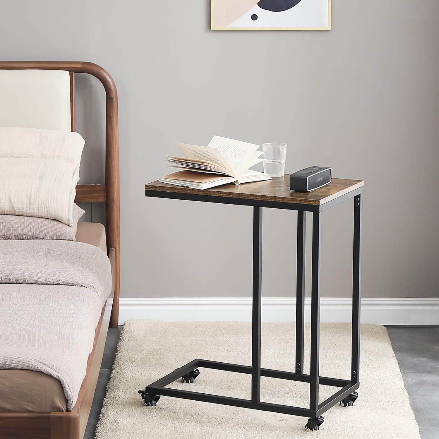 YMYNY Industrial End Table, Mobile Snack Table for Coffee Laptop Tablet, Slides Next to Sofa, C Shaped Bedside Table with Metal Frame for Living Room, Bedroom, Easy Assembly, Rustic Brown UTMJ009H: Kitchen & Dining