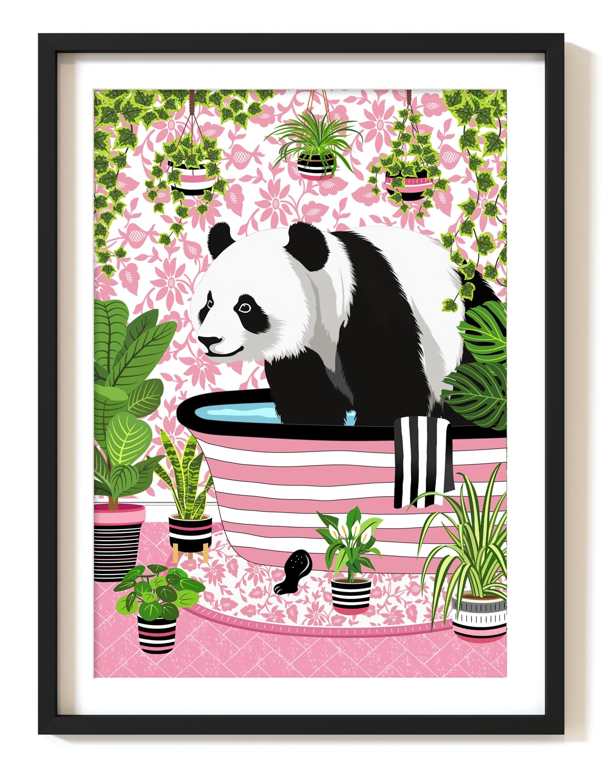 Panda in Bath Print, Panda in Pink Bathroom Print, A4 UNFRAMED Print, Animal on Toilet Print, Botanical Tropical Bathroom Decor