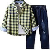 Voxikidio 4-8 Years Boys Plaid Shirts & Denim Jeans Outfit Clothing Casual Toddler Boy Fashion