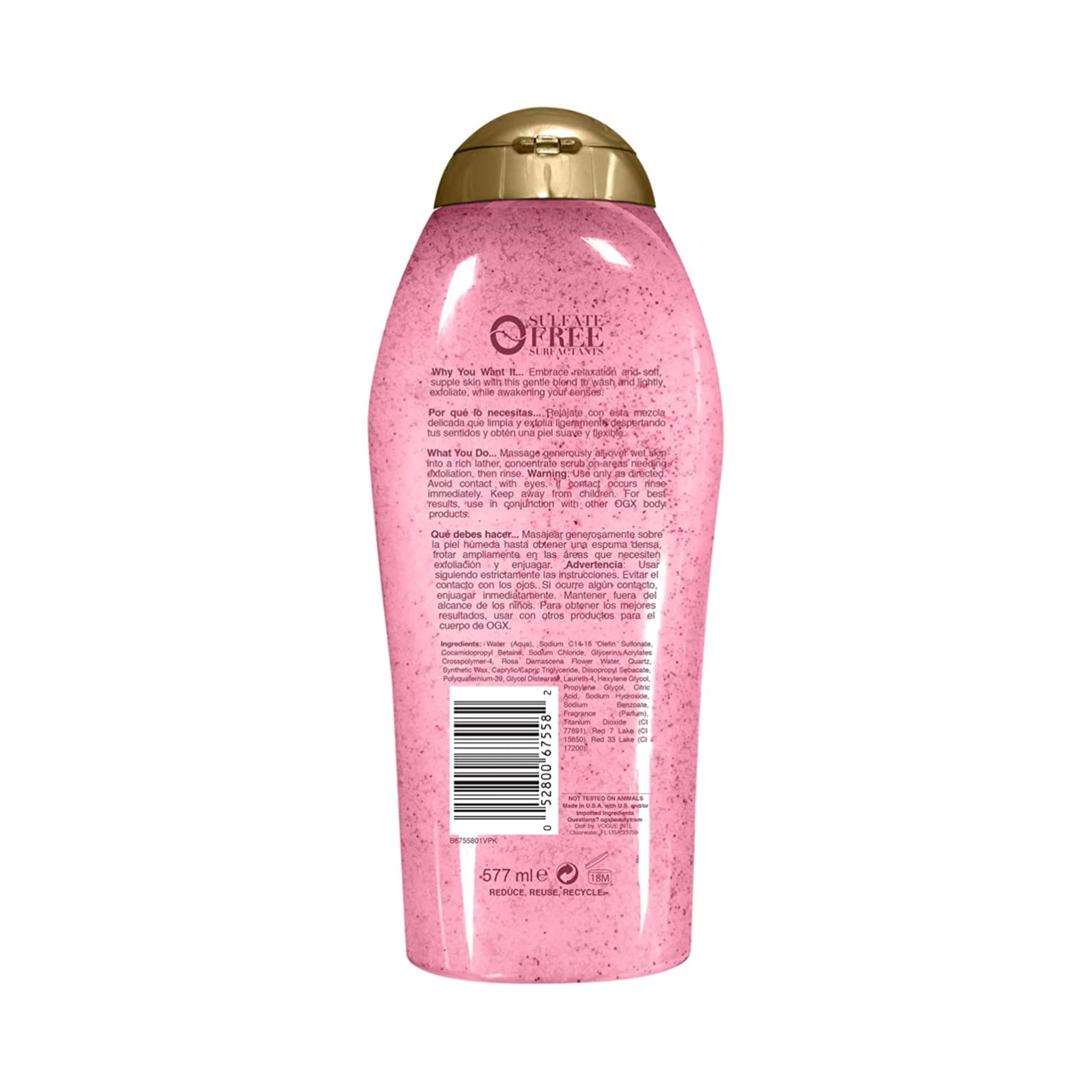 OGX Sensitive + Rose Water & Pink Sea Salt Exfoliating Body Scrub + Rose Quartz, Gentle Exfoliating Daily Body Wash Softens Skin, Body Scrub for Women, Sulfate-Free Surfactants, 19.5 fl oz