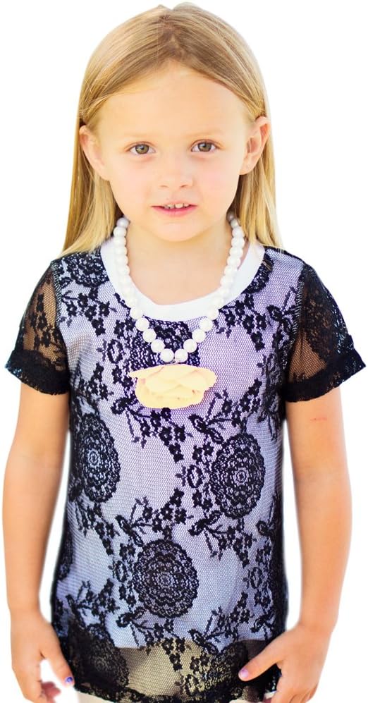 Lace Top with Leggings and Pearl Flower Necklace (4T, Black and Silver - Yellow Flower)