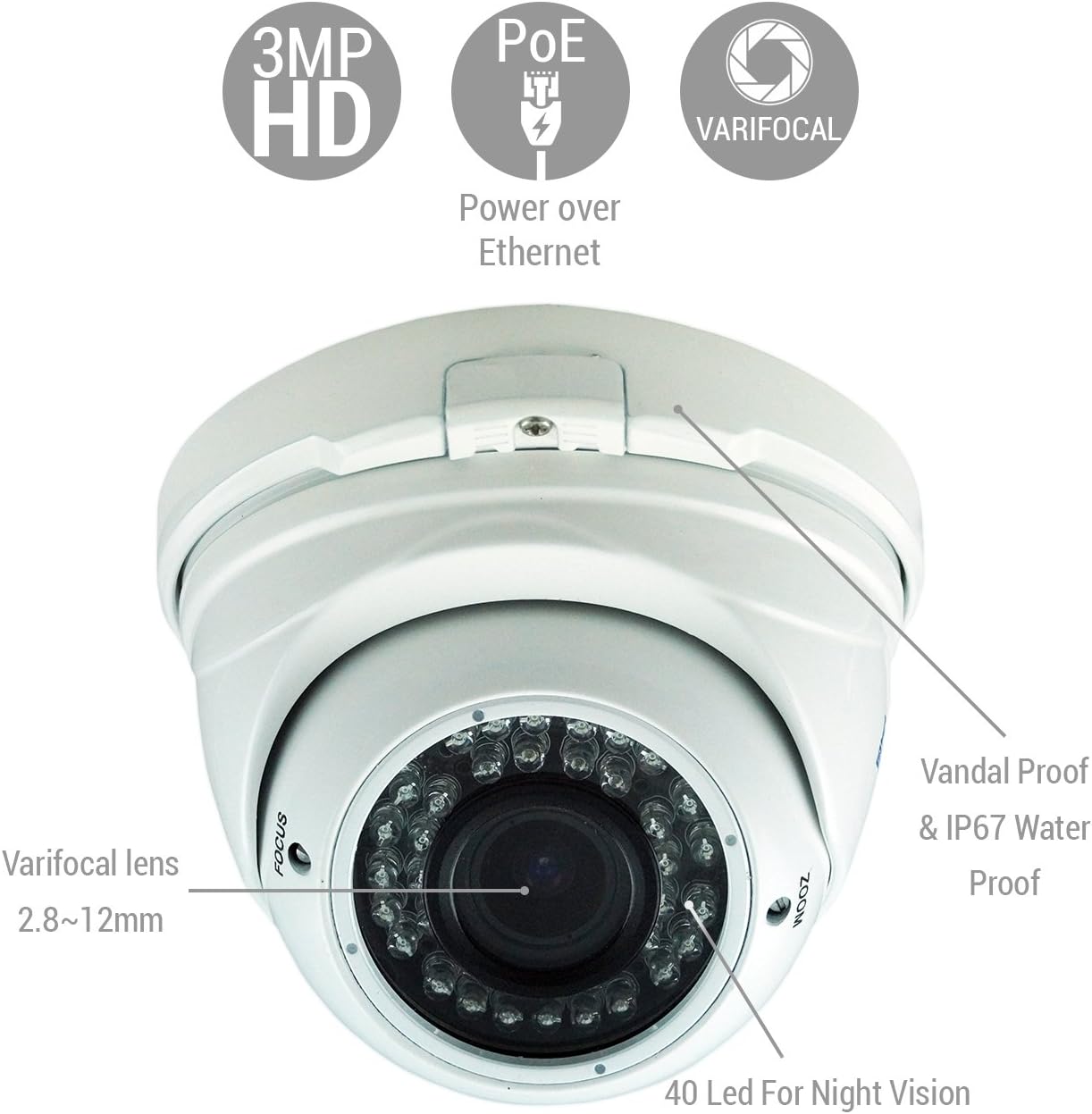 Amazix IP Surveillance Dome Camera | 1/2.9 Sony Cmos Sensor Ultimate 3MP 1080-1920 IR Vandal-Proof IP65 Waterproof Security Camera 36 LEDs 30m IR Range Night Vision Record | Varifocal Lens 2.8~12mm