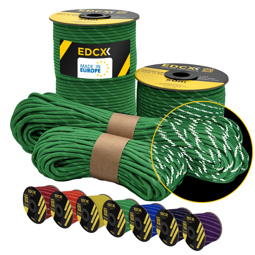 EdcX 4 mm Reflective Paracord 550 (15, 30, 50 m) – Tear-Resistant Parachute Cord for Survival Made of 100% Nylon, 4 mm Type III with 7 Wires (Reflective Green, 15 m) — image 1