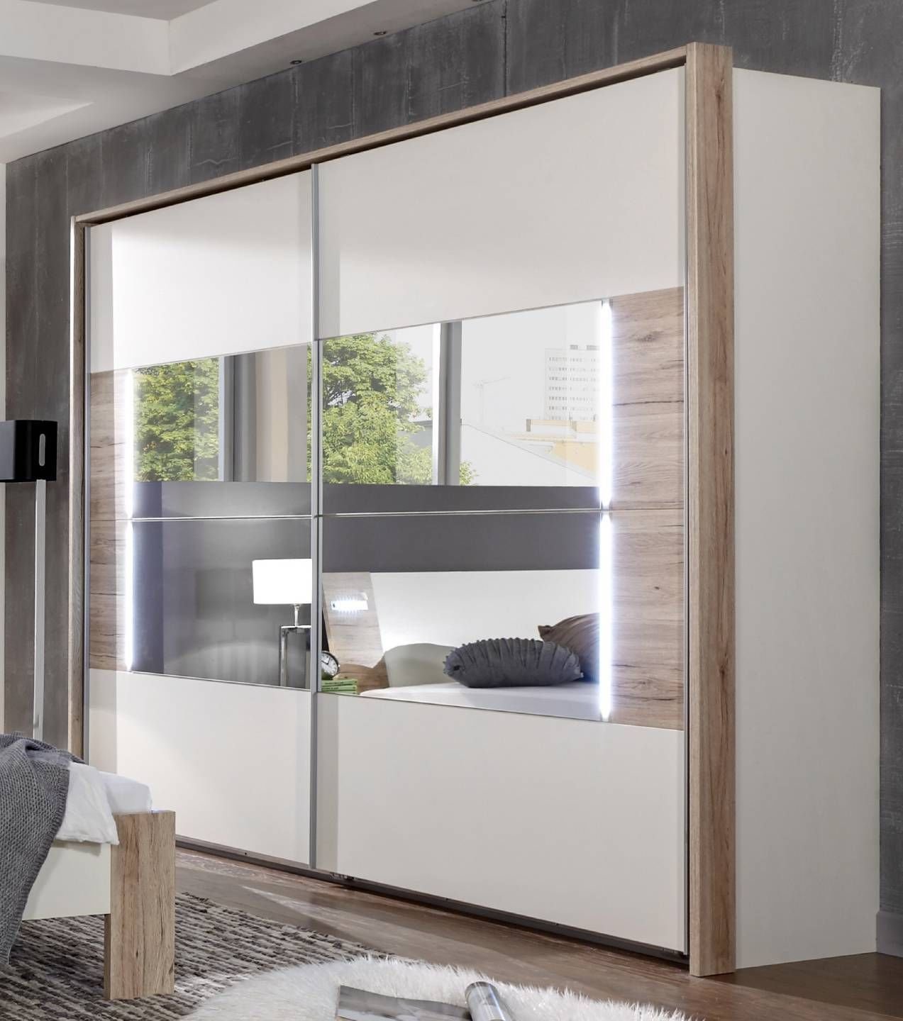 German Downtown White Oak 225cm Sliding Door Mirrored Wardrobe