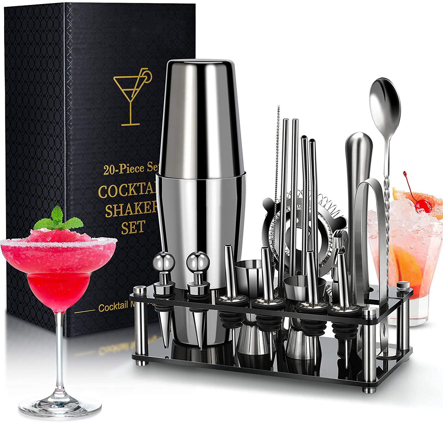 Chulovs Bar Tool Set, 20 PCS Stainless Steel Boston Cocktail Shaker with Acrylic Stand, Includes Premium Bartender Kit & Cocktail Recipes Booklet