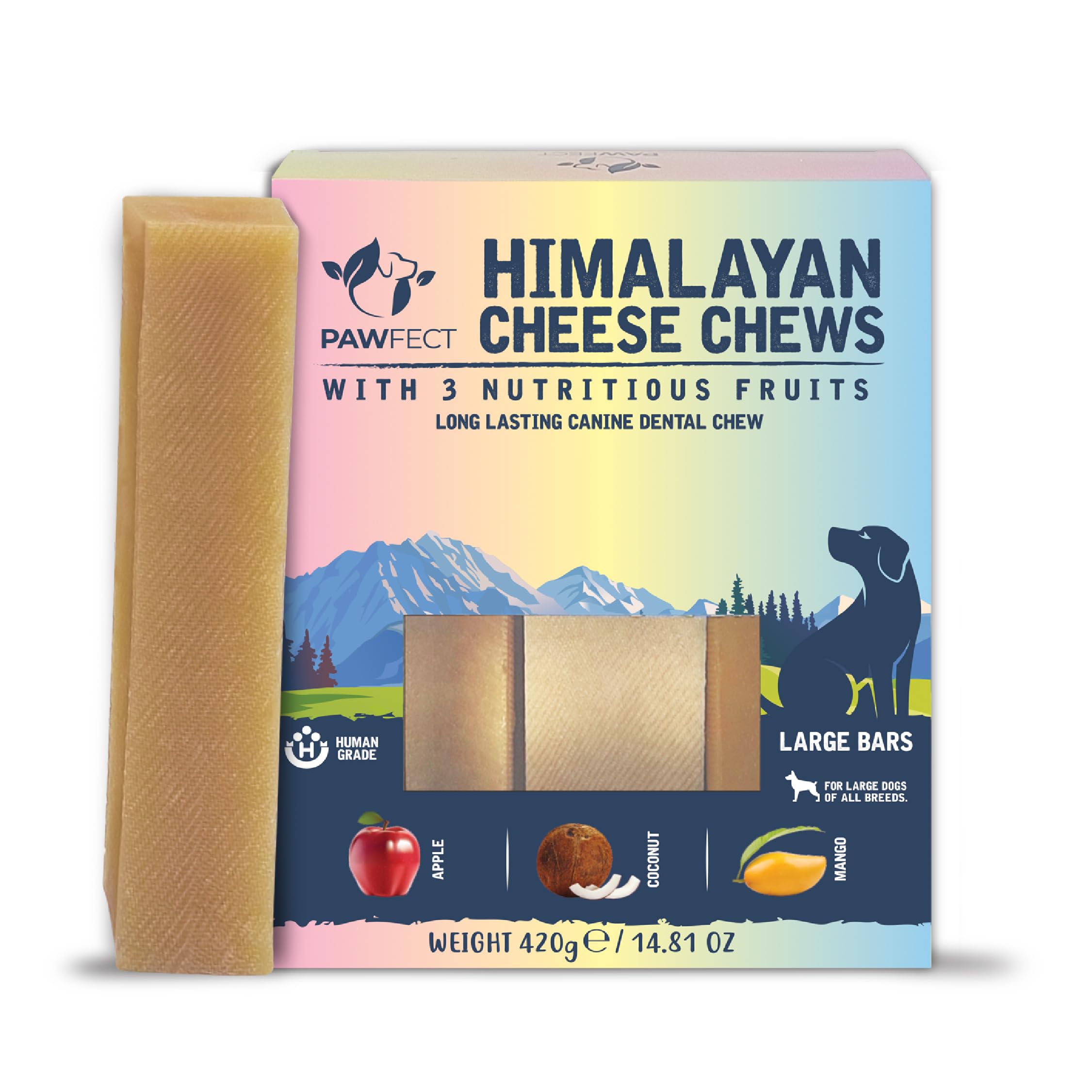 Pawfect Himalayan Yak Cheese Chews with Apple, Mango & Coconut for Large Dogs - 100% Natural Dental Stick - Rich in Protein & Calcium - Grain-free - Long-lasting Chew - Pack of 3 (420g/14.81oz)