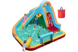 BOUNTECH Inflatable Water Slide, 6 in 1 Kids Waterslide Park for Outdoor w/Long Slide, Ocean Balls, Splash Pool, Soccer Goal,