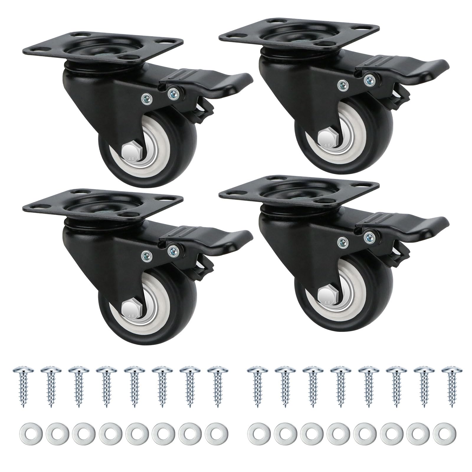 Heavy Duty Castor Wheels 50mm 360° Swivel Caster Wheels Set of 4, up to 240kg with 4 Safety Dual Brake + Screws, Transport Caster for Furniture, Trolleys, Workbenches, Cabinets