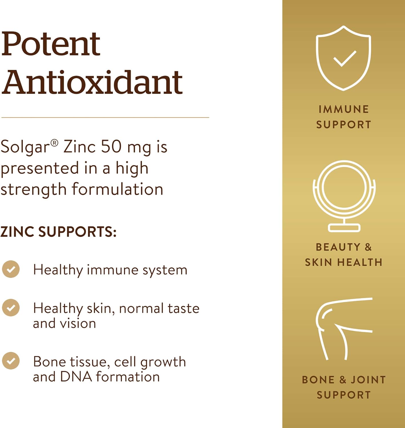 Solgar Zinc 50 mg, 100 Tablets - Zinc for Healthy Skin, Taste & Vision - Immune System & Antioxidant Support - Supports Cell Growth & DNA Formation - Non GMO, Vegan, Gluten Free - 100 Servings: Health & Personal Care