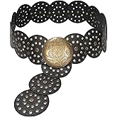 JASGOOD Western Belts for Women Wide Hollow Disc Leather Belt Cowgirl Waist Belt for Jeans Dresses with Metal Buckle