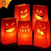 20 Pcs Halloween Orange Pumpkin Luminary Candle Bags, Flame Resistant | 5 Jack-o-lantern Designs, Pumpkin Paper Candle Bags for Outdoor Pathway Stairs Driveway Porch Halloween Party Decorations