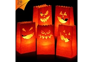SHAPPY 20 Pieces Halloween Luminary Candle Bags Flame Resistant Candle Bags in 5 Kinds of Pumpkin Grimace Patterns for Halloween Party Supplies