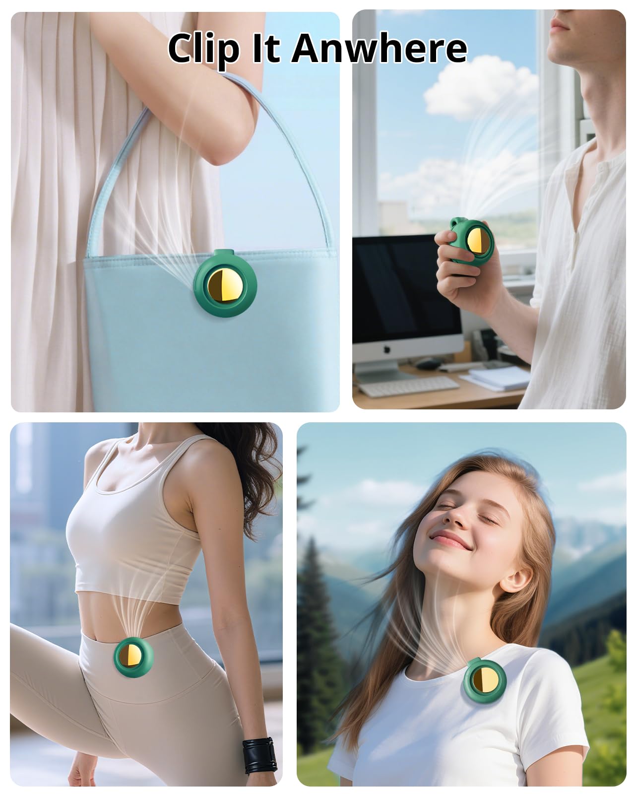 Portable Silent Mini Bladeless Fan Clip On, 3 Speeds & Queit, Hands Free Shirt and Waist Clips Whirlwind Fans, USB Rechargeable, Suitable for Outdoor & Travel & Office (green)