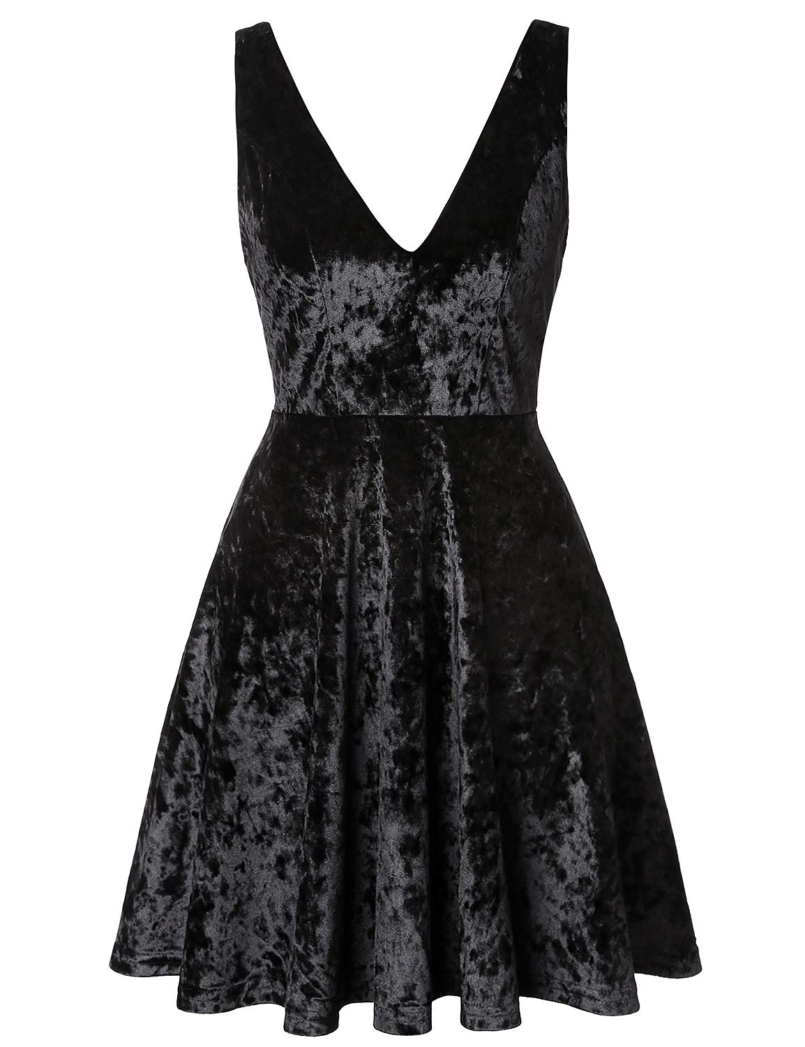 Blooming Jelly Women\'s V Neck Dress Velvet Spaghetti Strap Sleeveless Open Back Pleated Zip Elastic Mini Dress (Black, M=UK 12)